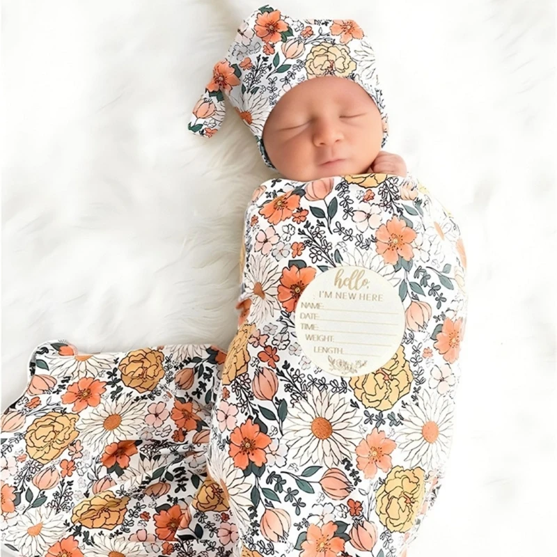 4Pcs Newborn Swaddles Wrap with Hairband and Hat Wood Card Photography Props for Baby Boys Girls Infant Wrapping Blanket