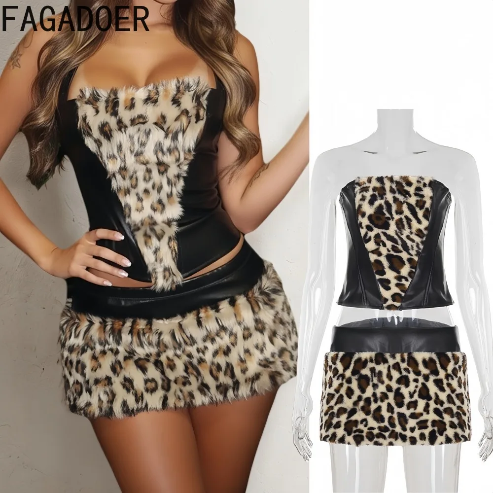 

FAGADOER Sexy Leopard Print Woman 2 Piece Set Outfit Leather Patchwork Crop Top and Skirt Matching Female Streetwear Clothing