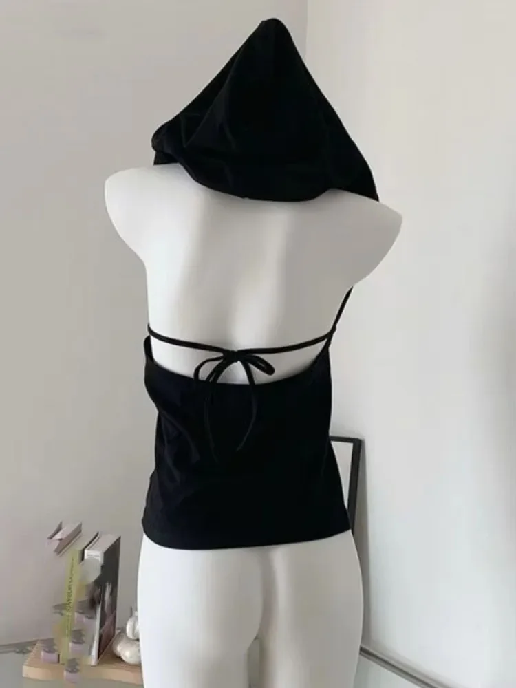 

2025 Ropa Mujer Backless Bandage Y2k Tank Top Women Solid Hooded Tunic Casual Camisole Fashion Sexy Korean Summer Cropped Tanks