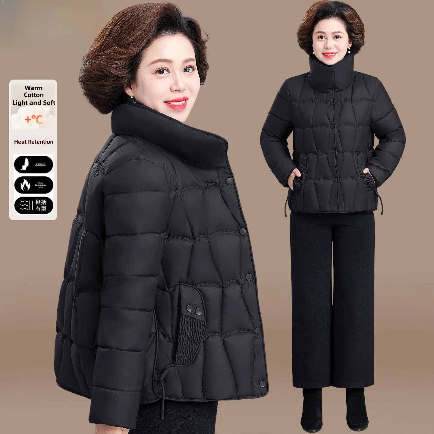 

Winter Faion ort down Cotton Jaet for Middle-Aged And ly Women Warm Windproof Casual Sle Regular Sve Zipper