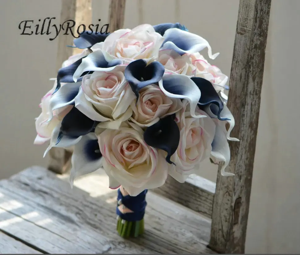 EillyRosia Pink Real Touch Roses Solid Navy Blue Calla Lily Bridal Bouquet Waterfall Picasso New Arrival Cascade Bride Flowers