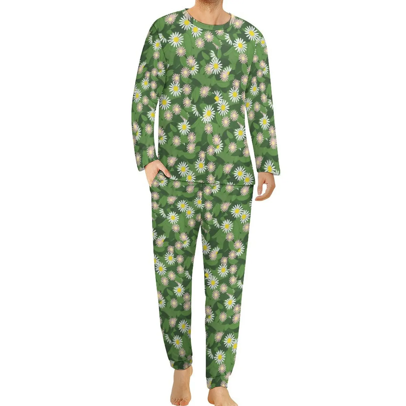 Daisy Floral  Print Pajamas Long Sleeves Green Leaves Two Piece Sleep Pajama Sets Winter Men Graphic Trendy Oversized Sleepwear