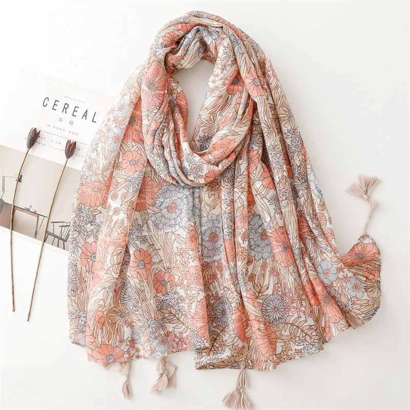 2023 Fashion Flower Pattern Silver Lurex Tassel Scarves Shawls Long Floral Blossom Wrap Hijab Free Shipping