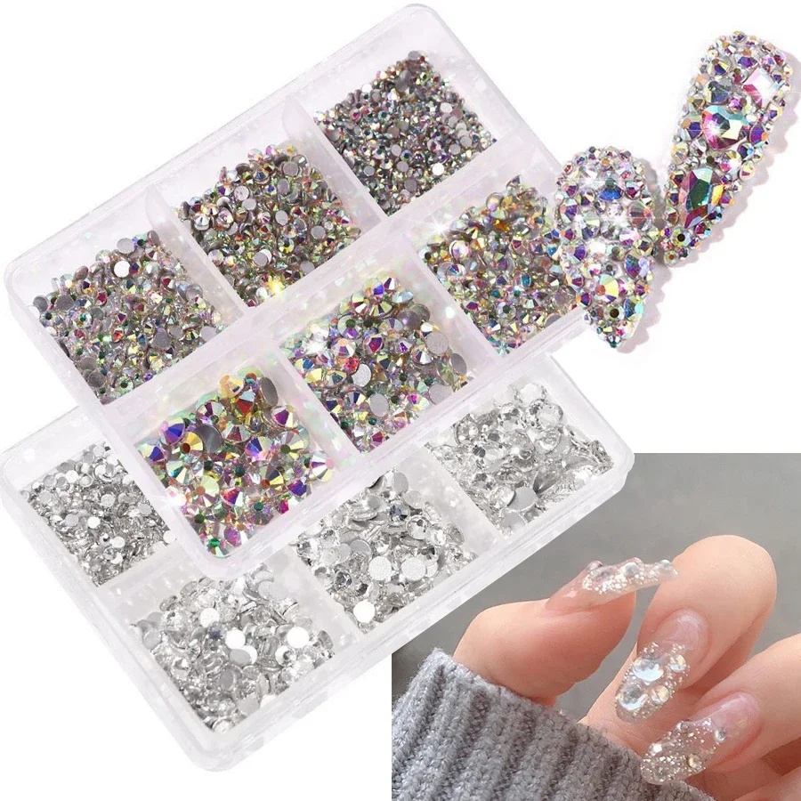 

6Pcs Box Ultra Sparkly Silver Iridescent Flatback Rhinestones Mixed Sizes Glass Gems for Nail Art Decoration
