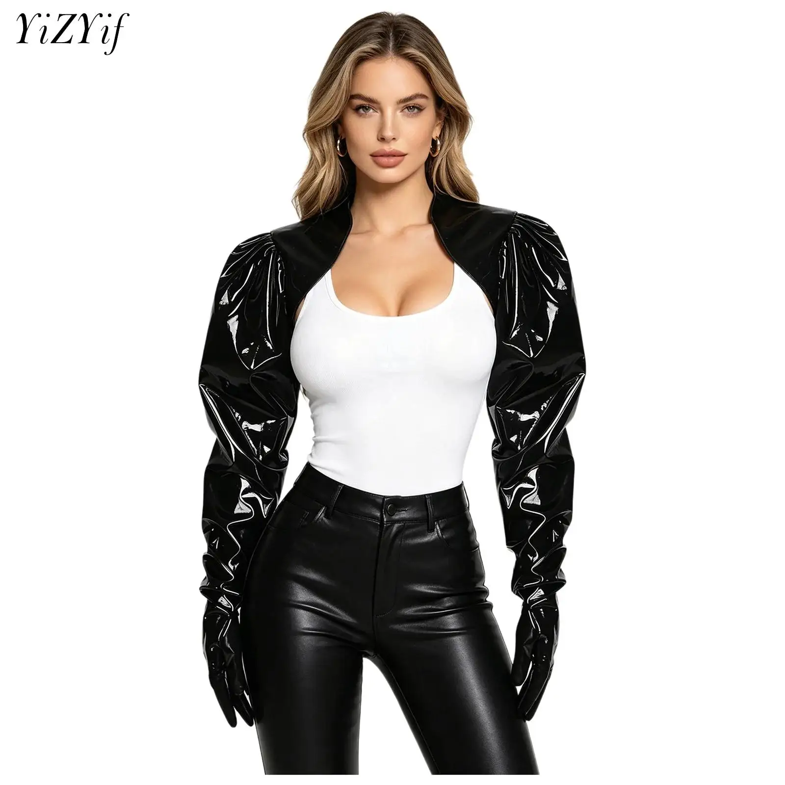 Womens Wet Look PU Leather Cardigan Crop Jacket Puff Loose Long Sleeve Open Front Coat Shrug Shawls with Gloves Party Clubwear