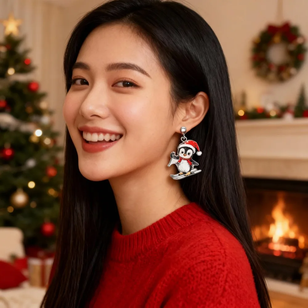 1 Pair Christmas Ski Penguin Dangle Earrings, Cute Cartoon Acrylic Xmas Santa Hat Penguin Drop Earrings, Hypoallergenic Lightweight Winter Holiday Jewelry Gift for Women Girls Christmas Ski Party Outfit Accessories