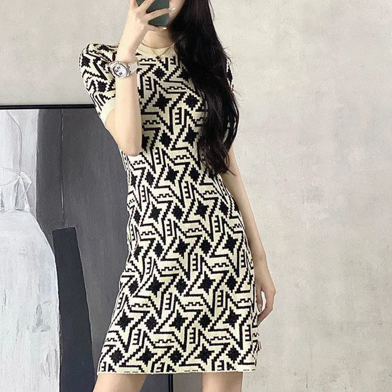 Vintage Jacquard Knitted Sweater Mini Dress Women\'s Summer Elegant Fashion Casual Short Sleeve Sweet Chic Slim Dresses Clothing