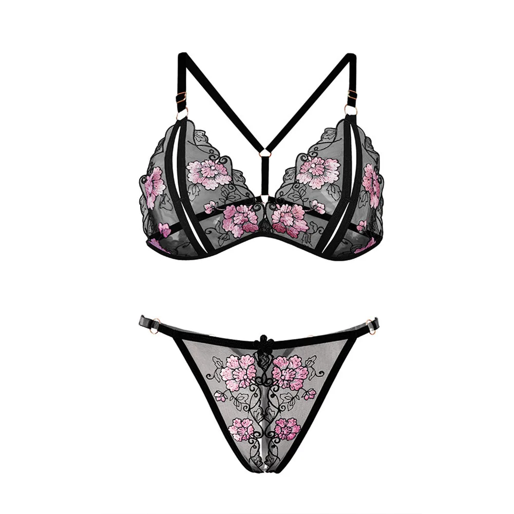 Erotic Underwear Sets Floral Lace Bra Set For Bedroom Romance 95 Percent Nylon 5 Percent Spandex Slightly Elastic Fabric