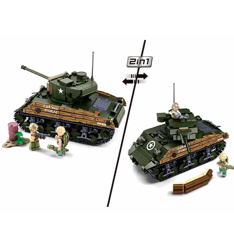 WW2 Military Army Vehicle Sherman M4A3 Medium Tank Building Blocks Figure Soldier Weapon WW1 Bricks Classic Model Kids Toys Gift