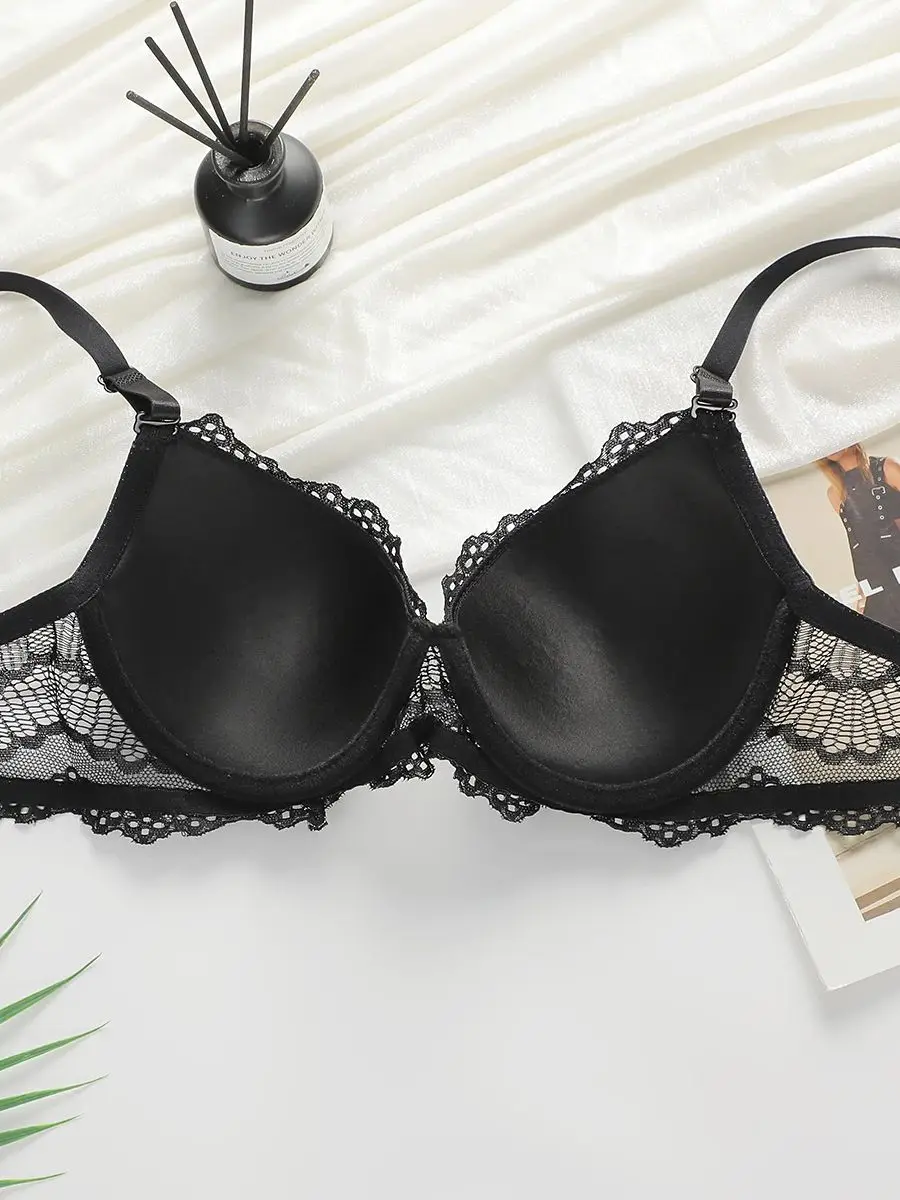 Women\'s Black Sexy Flower Embroidered Pattern Bra With Steel Ring Gathering Push Up Bra For Daily Casual Wear B6063