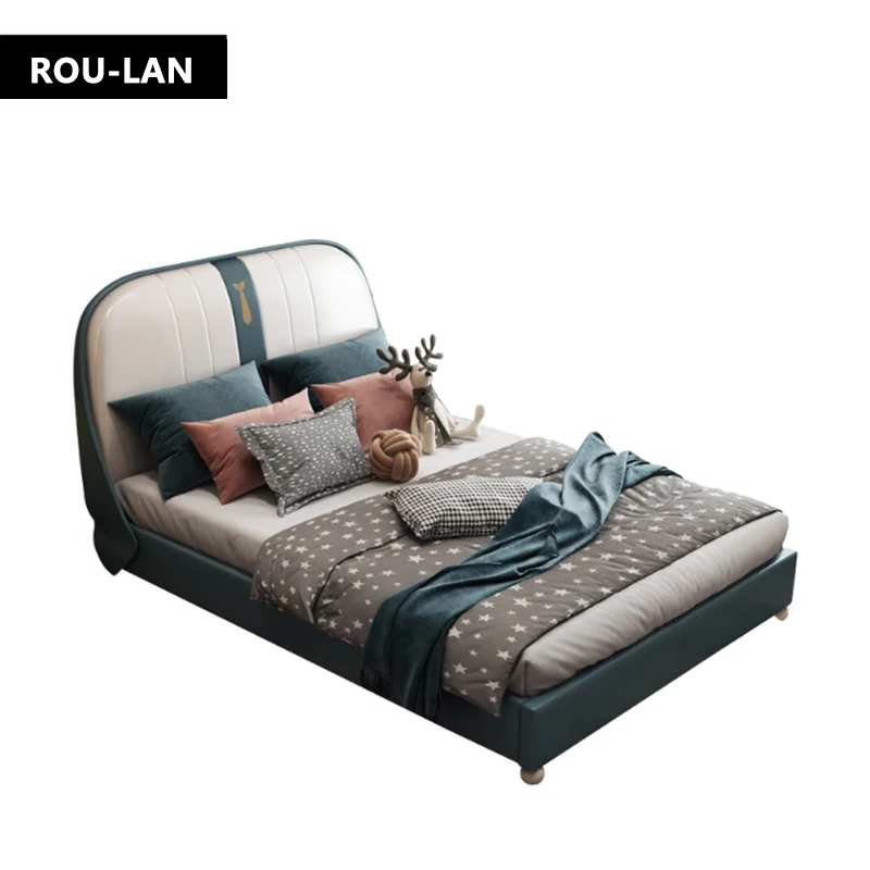 

ROU LAN Furniture Bedroom Modern Single Children Bed Boys Solid Wood Storable Soft Kids Bed Set