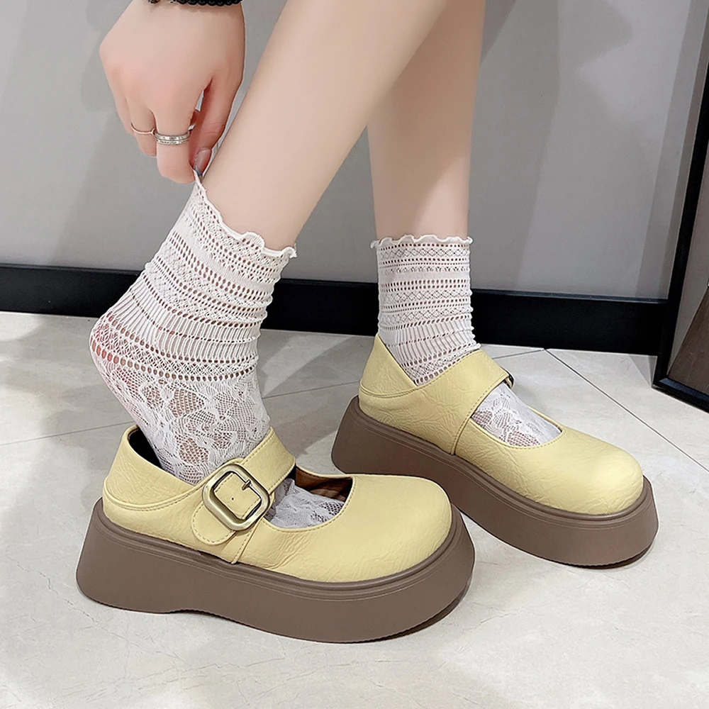 

Women's Versatile Thick Bottom Heel Loafers Fashionable Retro Belt Buckle High Heels Summer Rubber Sole round Toe Solid Color