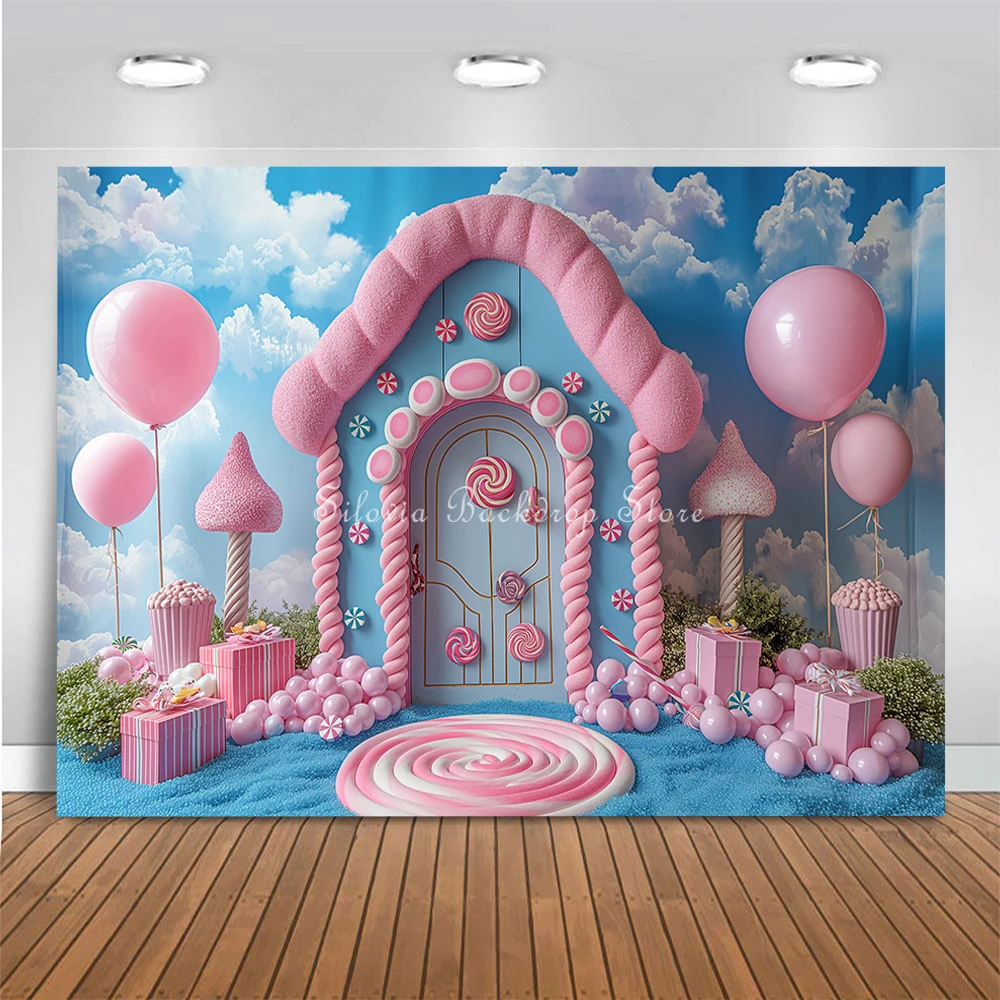 Sweet Candy House Photo Background Birthday Cake Smash Photography Backdrop Cotton Candy Lollipops Balloon Photo Studio Props