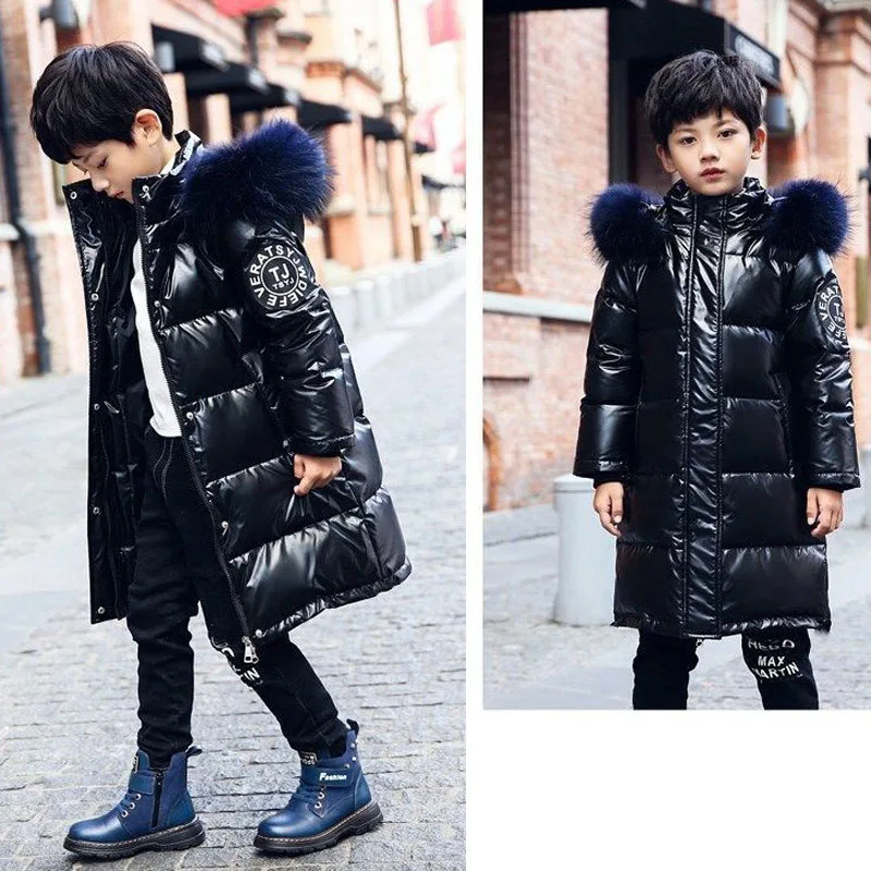 2024 Winter New Teen Boys Jacket Solid Color Thick Keep Warm Hooded Parkas For -30℃ 5-12Y Kids Big Fur Collar Cotton Snowsuit