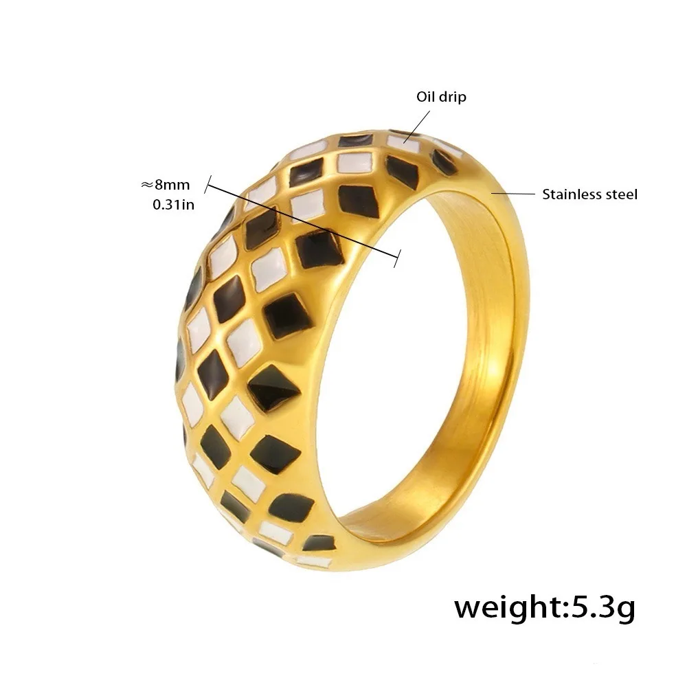 Vintage Geometric Checkerboard Ring for Women French Retro Black White Enamel Statement Ring Fashion Jewelry Accessory