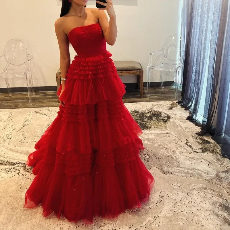 Personalizado elegante em camadas projetado vestido de festa formal 2024 novo sem alças verão malha vestidos de baile para as mulheres requintado noite longo