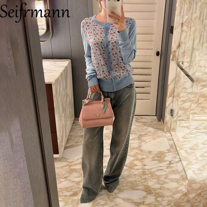 

Seifrmann 2026 Summer Women's New Fashion Round Neck Long Sleeve Silk Printed Splicing Knitted Cardigan
