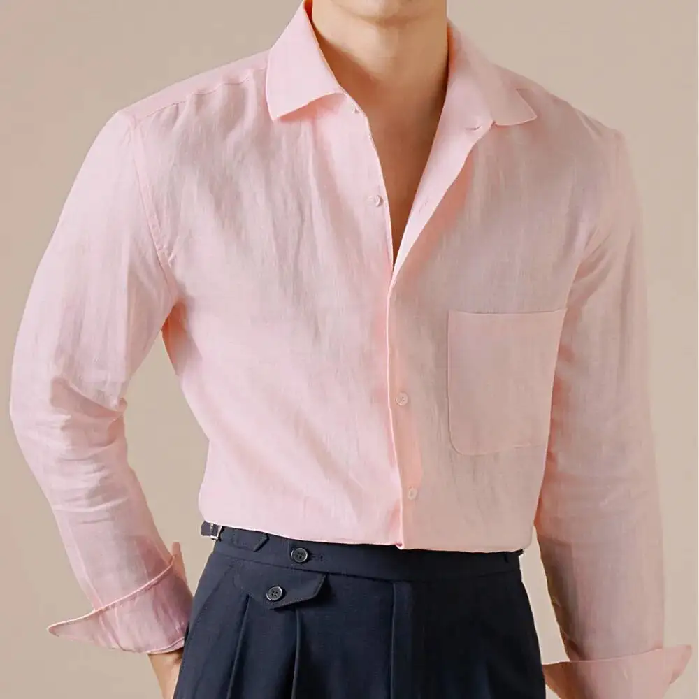 Italian Style 100% Linen Shirt Men's Casual Business Solid Color Commuting Breathable Spring And Autumn Camisa Social Masculina