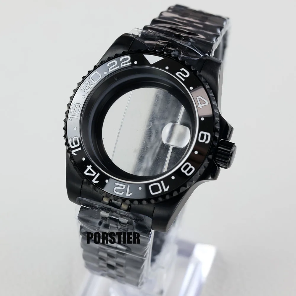 40Mm Zwarte Horlogekast Met Saffier Kristal Waterbestendig Voor Nh35 Nh36 Nh34 Automatisch Mechanisch Uurjacht Gmt Sub Case