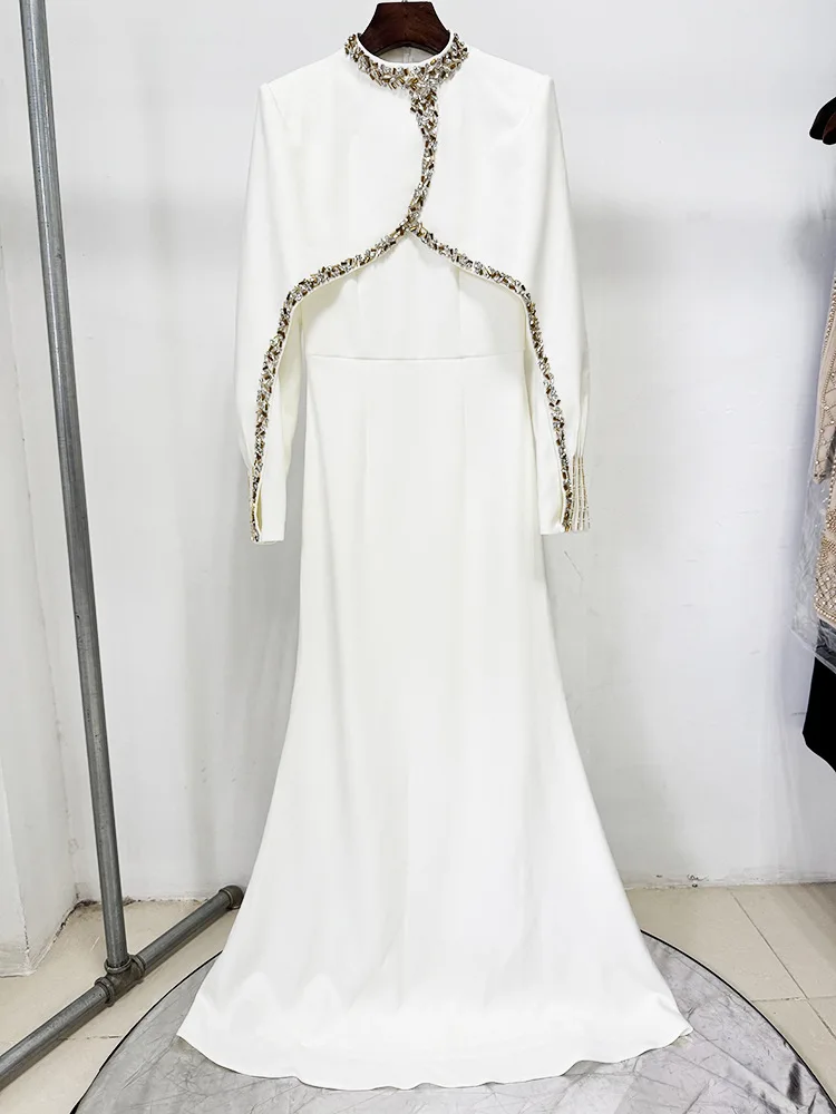 BJTZ 가을 셀러브리티 이브닝 가운 배트 슬리브 크리스탈 비즈 장식 플로어 길이 드레스 캐주얼 편안한 우아한 미니멀리스트 프리미엄 파티웨어