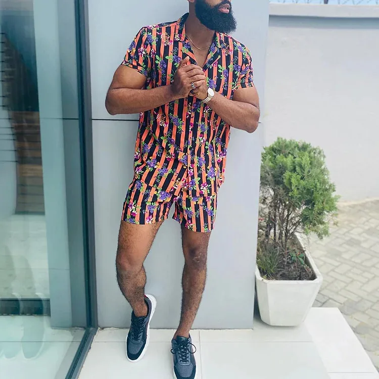 Men Shirt Sets 3D Printed Retro Gold Chain Stripe Pattern Short Sleeve Casual Shirt Oversized Beach Shorts Summer Hawaiian Suits