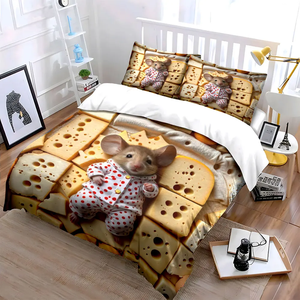 Cheese-Themed Decorative Mouse Set Soft Skin-Friendly Bedding Set Includes 1 Duvet Cover And 2 Pillowcase, Gift