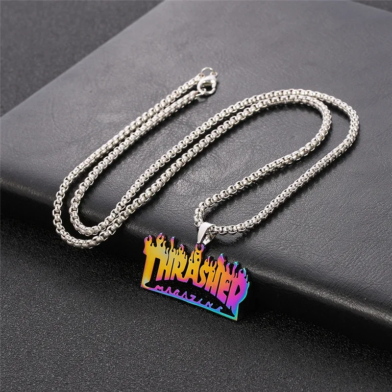 New Trendy Hip-Hop Stainless Steel Tempered Letter Flame Pendant Necklace For Men And Women Street Personality Rock Jewelry