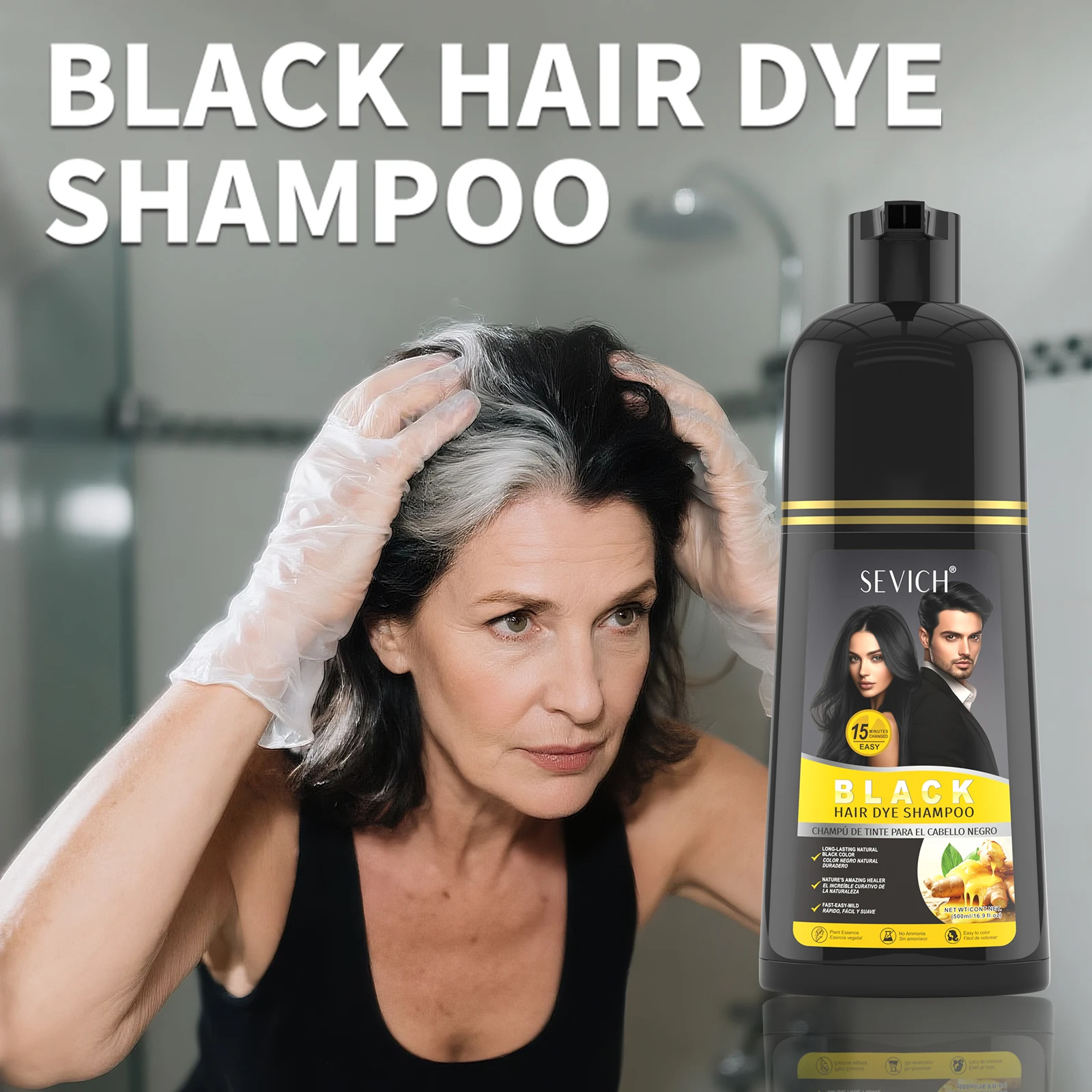 

SEVICH 3 In 1 Black Hair Dye Shampoo 500ml Instant Coloring Shampoo for Men Women Herbal Plant Hair Dye Cream Black Hair Dye