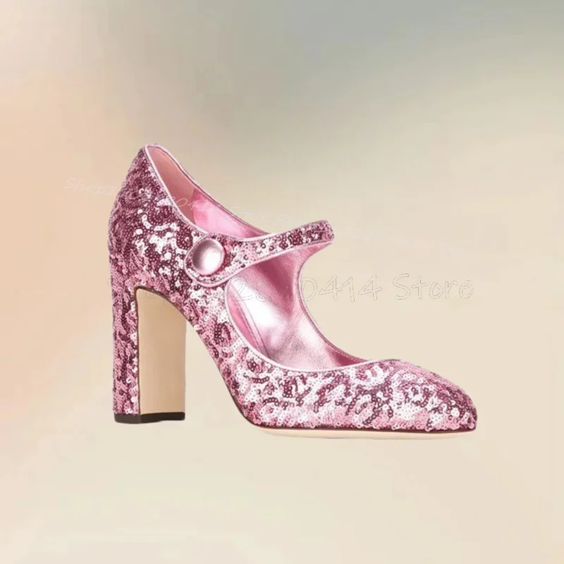 

Rose Red Sequins Decor Pointed Toe Pumps Hook and Loop Fastener Women Shoes Chunky High Heels Banquet 2025 Zapatos Para Mujere