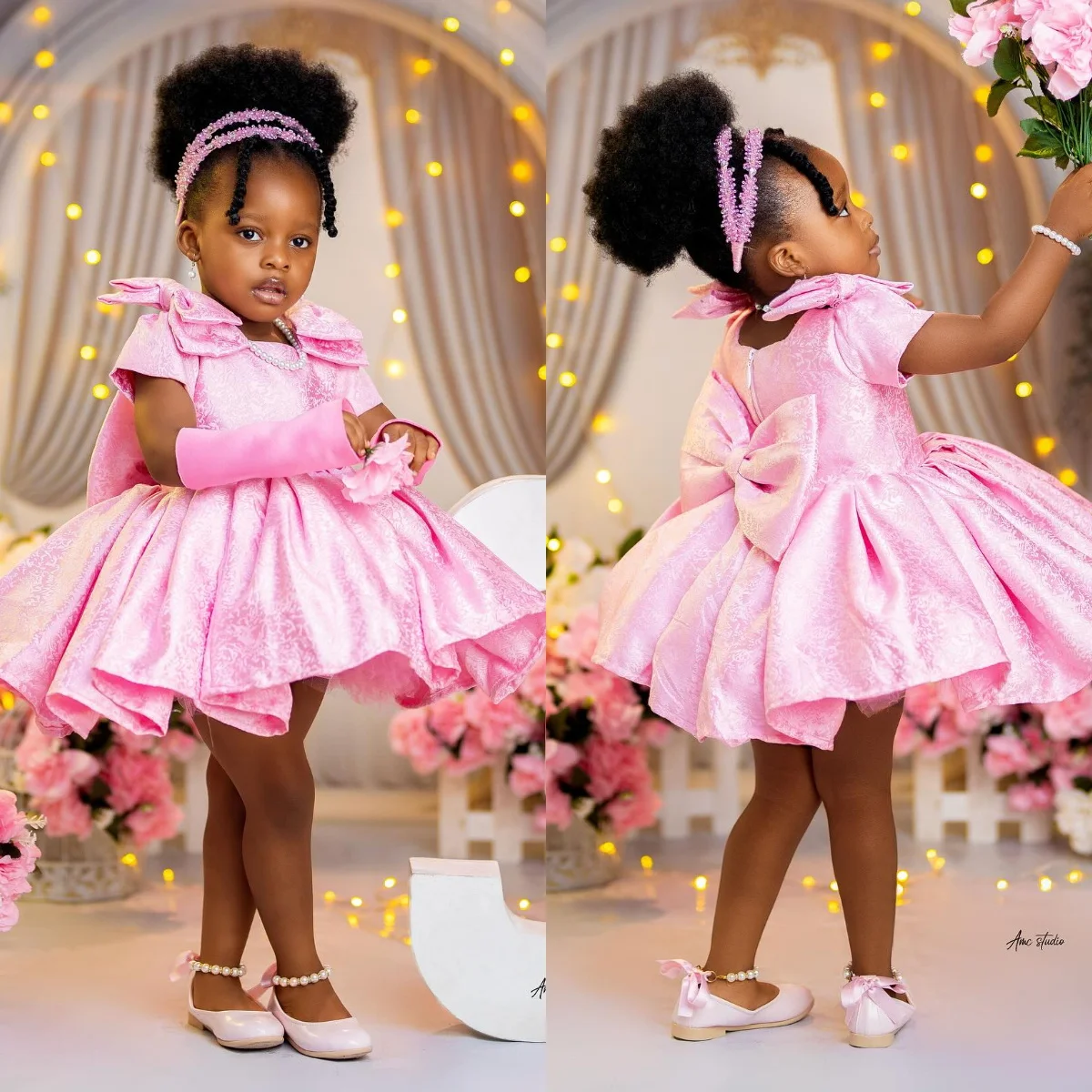 Cswdocy Pink Lace Flower Girl Dresses for Wedding Girls Bow Short Birthday Party Dresses Customized First Communion Dress 2027