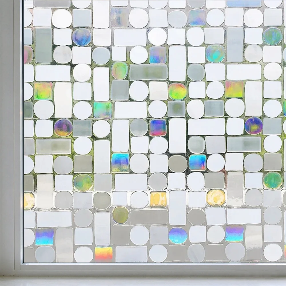 3D Frosted Rainbow Dots Privacy Window Film, Static Cling No Glue Glass Sticker, Heat Control Anti UV Decorative Film for  Home