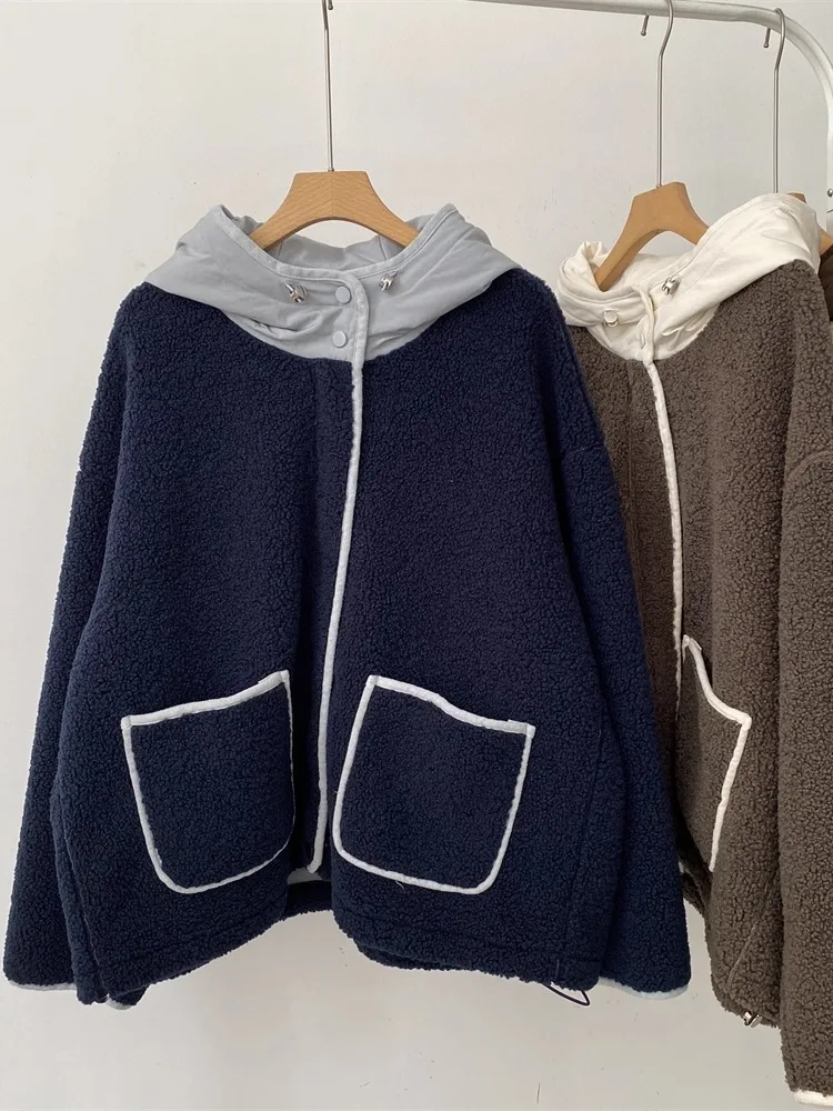 

Утепленное пальто свободного кроя из овечьей шерсти с капюшоном, в стиле пэчворк, для мужчин и женщин, осенне-зимнее, повседневное, больших размеров