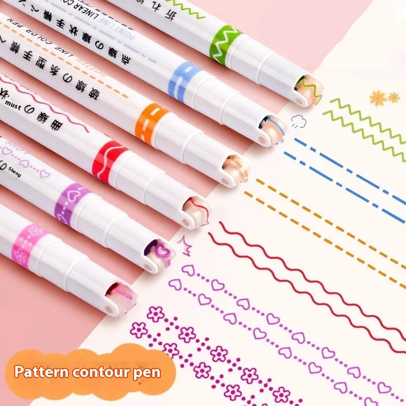 6Pcs/Set Flower Line Shape Highlighter Pen Roller Tip Curve Liner Marker Kawaii Korean Stationery School Office Supplies Gifts