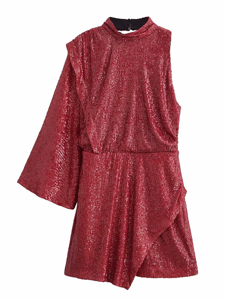 2024 Chic Solid Color Sequins One-shoulder Sleeve Short Dress Sexy Backless Loose Mini Dresses New Fall Evening Party Vestidos