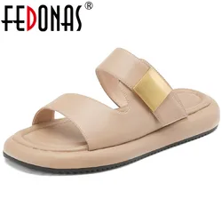 FEDONAS New Arrival Women Sandals Flats Platforms Slippers Genuine Leather Casual Metal Decoration Shoes Woman Spring Summer