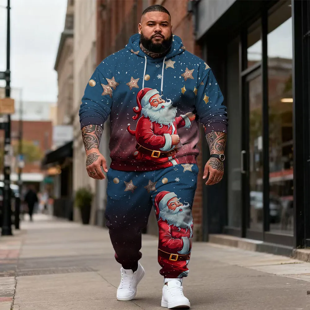 

S-9xl plus size Men's 2-Piece Hoodie Set: Christmas & Texture Plaid - Soft Fabric, Warm, Festive Details, Fine Plaid,