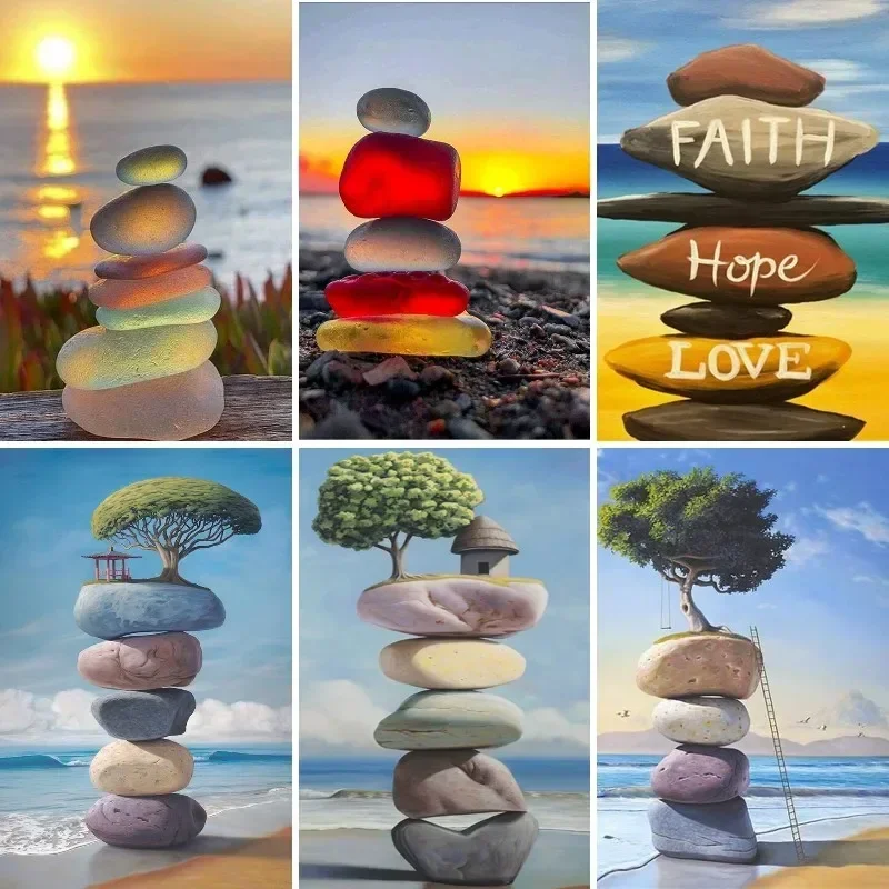 Diamond Painting Stones Cairns Full Square Diamond Embroidery Zen Stones Beach Mosaic Scenery Picture Rhinestones Home Decor