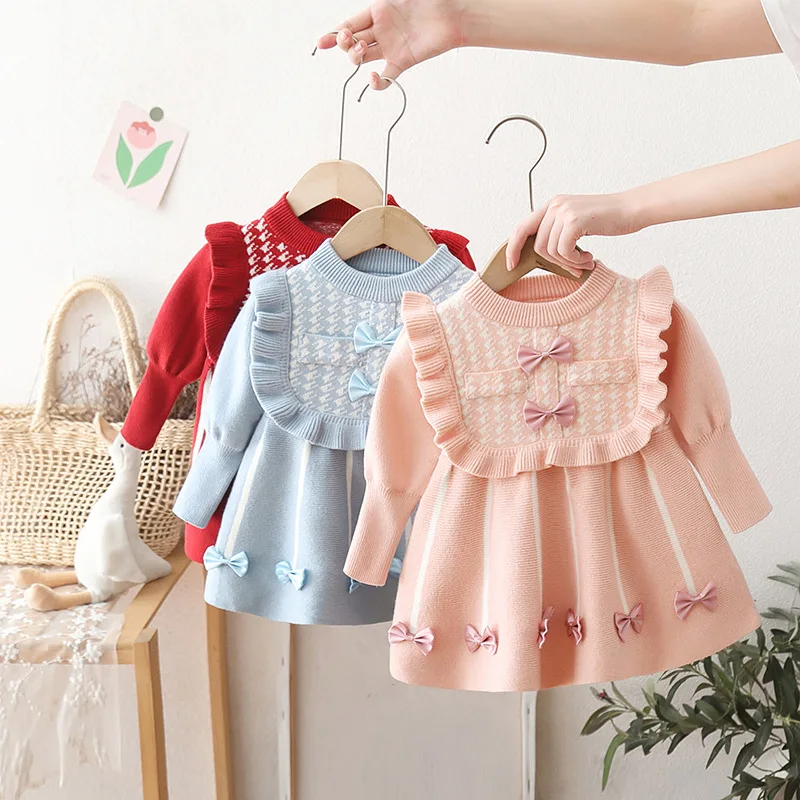 

Winter Kids Girls Princess Dress Bow Bubble Sleeve Infant Babys Girls Dress Red Spliced Toddler Girls Dress 2-6Y Girl Knit Dress