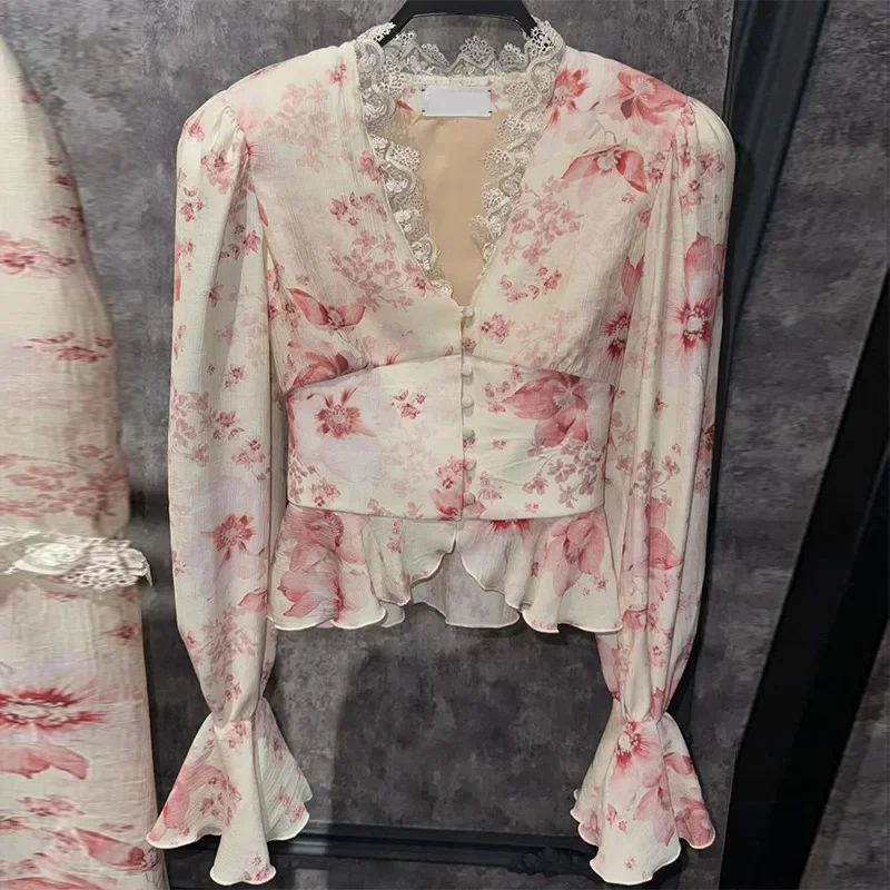 

Floral Top Dresses Set Print Flared Sleeve Women Eur Usa 2025 Summer Temperament V-neck Top High Waist A-line Dress Suit New