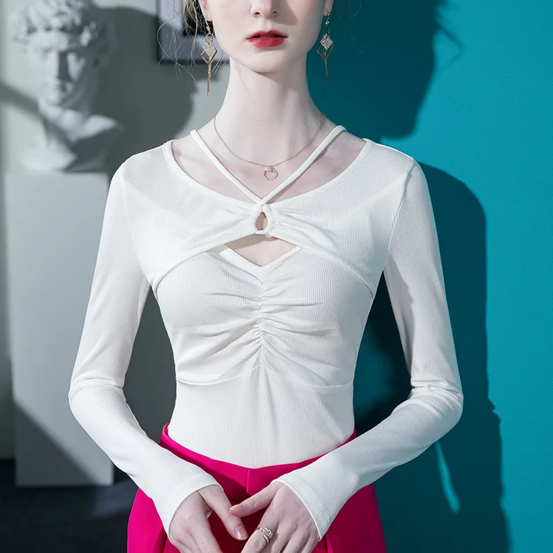 المرأة باويلون رقبة الرسن كم طويل تي شيرت ، جوفاء من خليط ، أضعاف أسفل قميص ، قمم الربيع