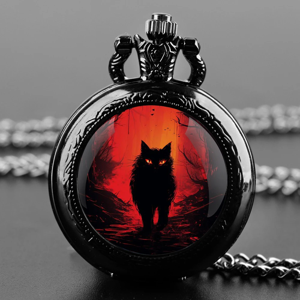 Orologio da tasca al quarzo nero con cupola in vetro Dark Cat con quadrante con numeri arabi e catena resistente, regalo retrò per uomini e donne
