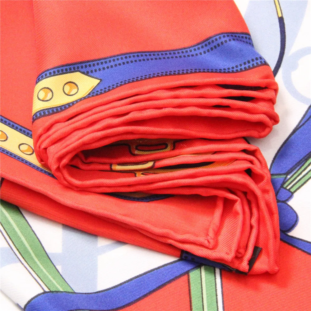 POBING Manual Hand Rolled Twill Silk Scarf Women Wheel Belt Print Square Scarves Echarpes Foulards Femme Wrap Bandana Hijab 90CM