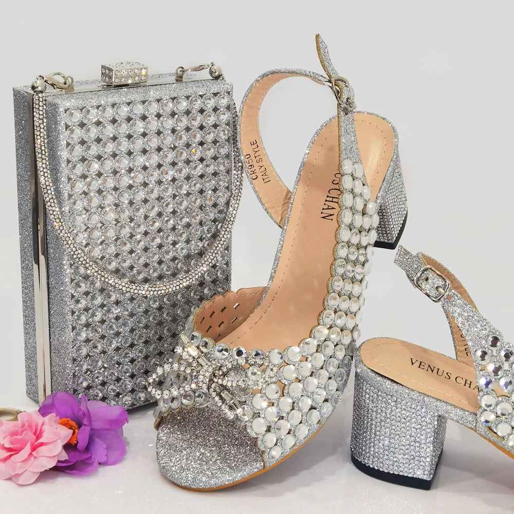 

High Quality Italian Design Lady Shoes Matching Bag in Silver Color 2023 Nigerian Women Shoes and Bag Set For Party