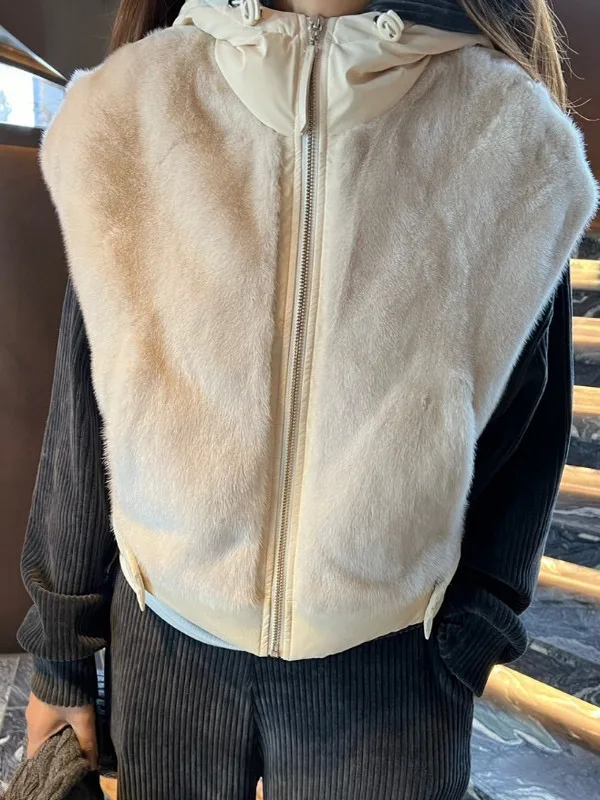 

Шикарный кожаный и меховой жилет с капюшоном на молнии в стиле ретро, женский антивозрастной жилет, модное хлопковое пальто китайского бренда