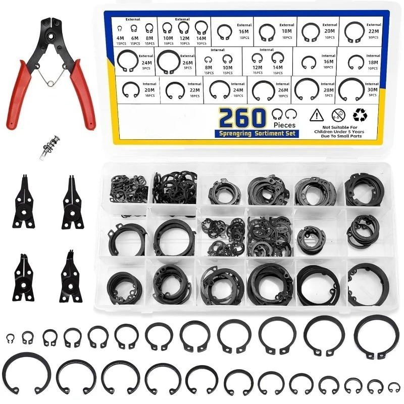 

Набор стопорных колец C-типа, 260 шт., 24 различных размера (от 4M до 30M), ассортимент E-образных и C-образных колец с плоскогубцами 4-в-1 для снятия стопорных колец