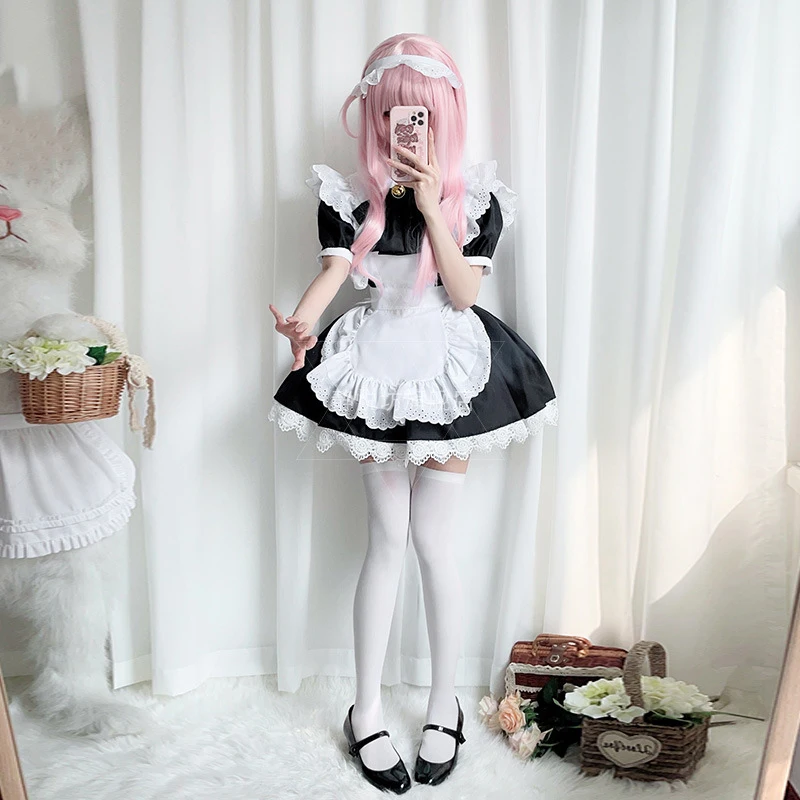 Plus Size Maid Cosplay Cat Girl Black and White Maid Outfit Lolita Princess Dress Anime Housemaid Coffee Waiter Clothing 4-piece