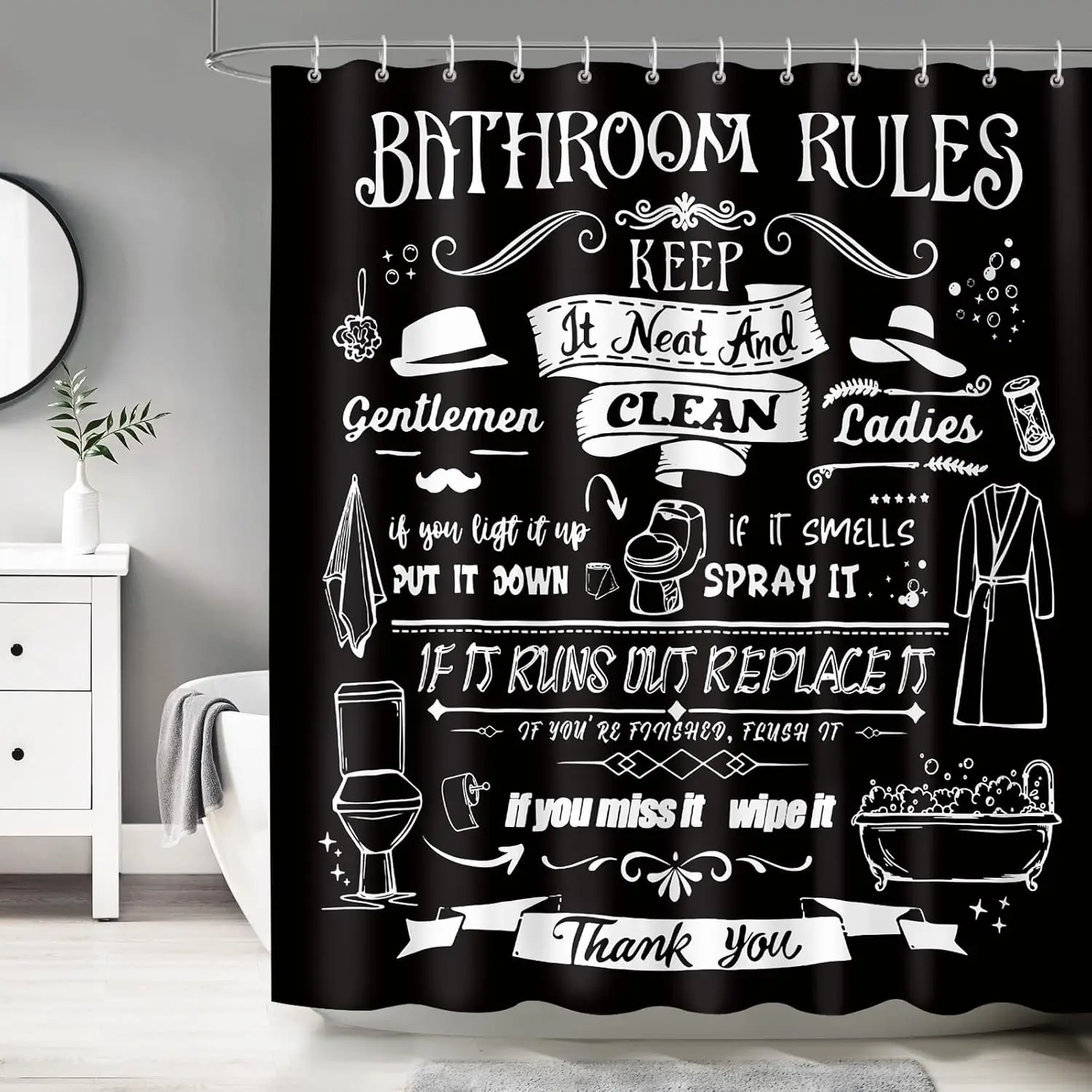Funny Bathroom Rules Shower Curtain, Black & White Typography Print, Waterproof Fabric for Bathroom, Humorous Home Decor