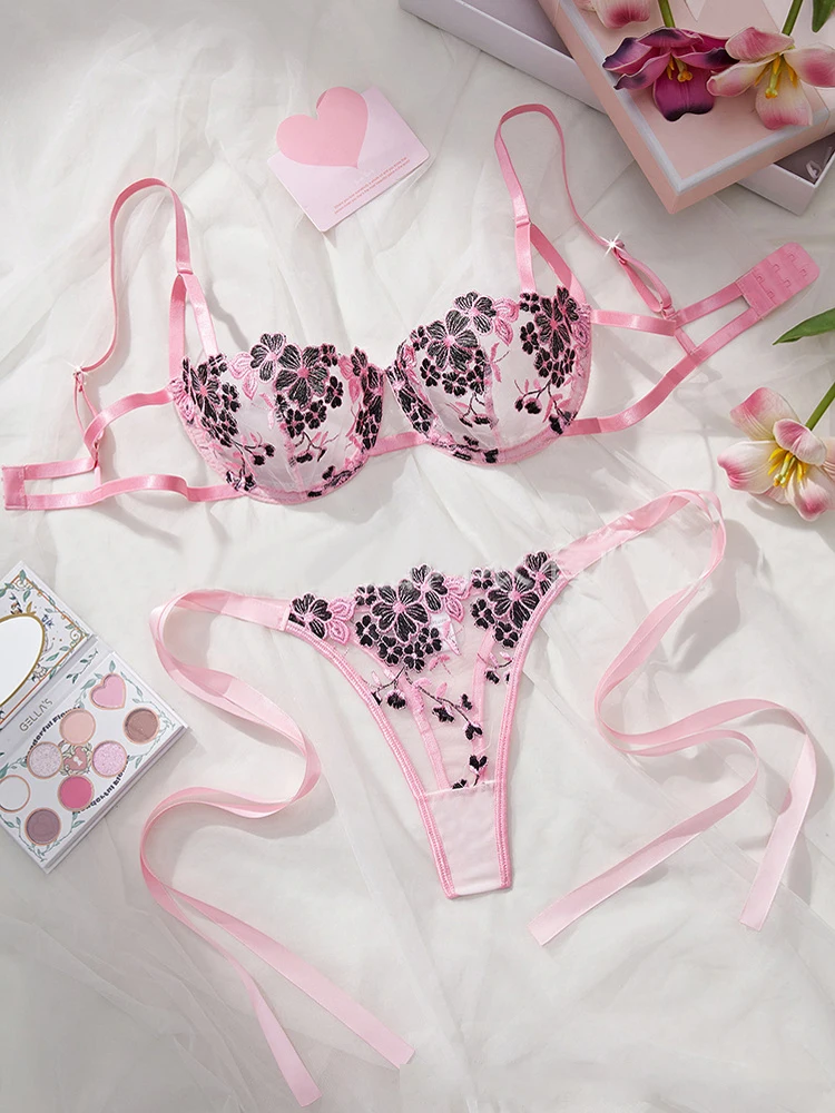 Lady Floral Embroidery Lingerie See Through Exotic Sets Women Open Anal Sheer Bra and Brief Underwear Sexy Intimates Underwear image 5