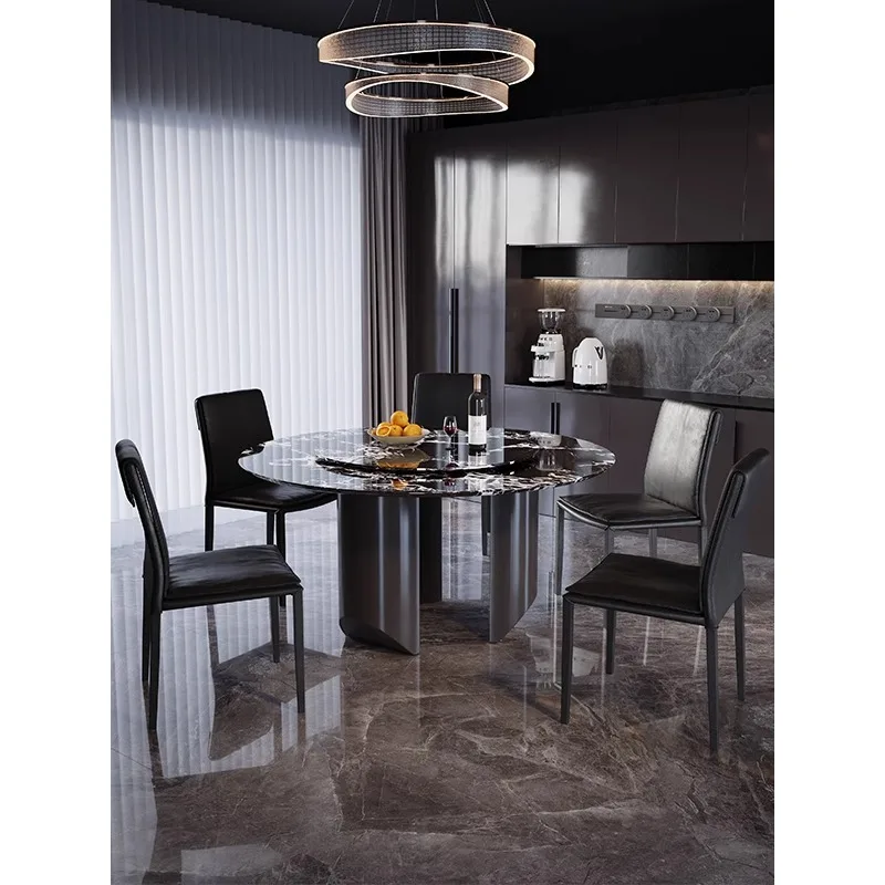 

Bulgari black marble dining table and chairs size apartment round dining table with turntable high-end villa clubhouse 1.8 meter