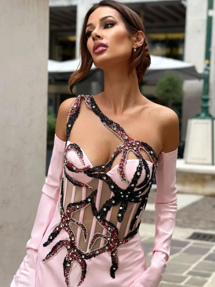 Luxury Sexy Strapless Backless Diamonds Sequins Pink Maxi Long Women Celebrity Dress 2024 Elegant Party Evening Club Vestido